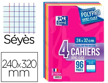 Cahier oxford openflex couverture résistante indéchirable a4+ 24x32cm 96 pages séyès lot 4unités — Non classé