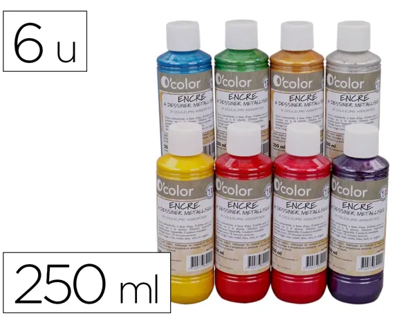 Encre o'color metallisee 250ml coloris assortis coffret 8 unites + 6 tampons — Non classé