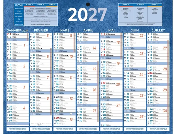 Calendrier classique bouchut 2027 7 mois recto/verso 1 trou 210x265mm coloris bleu — Non classé