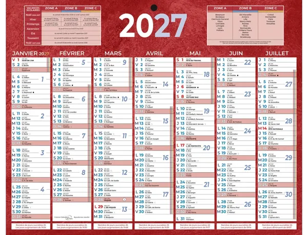Calendrier classique bouchut 2027 7 mois recto/verso 1 trou 210x265mm coloris rouge — Non classé