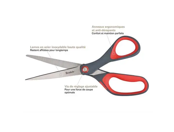 Ciseaux scotch précision 180mm lames acier inoxydable anneaux matière antidérapante bicolore rouge/gris garantie à vie —…