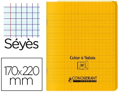 Piqûre 48 pages avec 2 rabats, format 17x22 cm, seyès 90g, couverture polypropylène jaune, CONQUERANT CLASSIQUE — Papier…