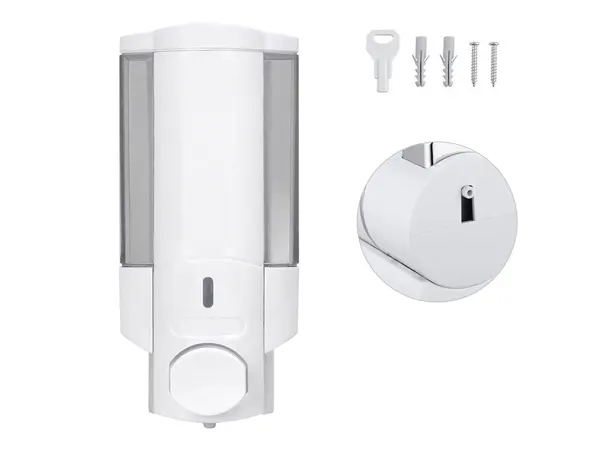 Distributeur savon q-connect manuel acier inoxydable serrure viseur bleu transparent coloris blanc 350ml 80x90x190mm — Non…