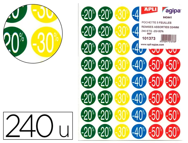 Étiquette adhésive apli pré-imprimée remise -20% -30% -40% -50% permanente coloris assortis 240 pastilles — Non classé