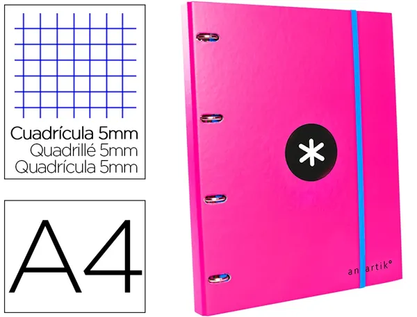 Classeur antartik 4 anneaux ronds 25mm a4 carton rembordé feuillets mobiles quadrillage 5mm coloris rose — Non classé