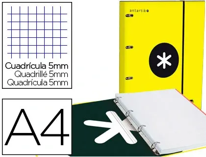 Classeur antartik 4 anneaux ronds 25mm a4 carton rembordé feuillets mobiles quadrillage 5mm coloris jaune — Non classé