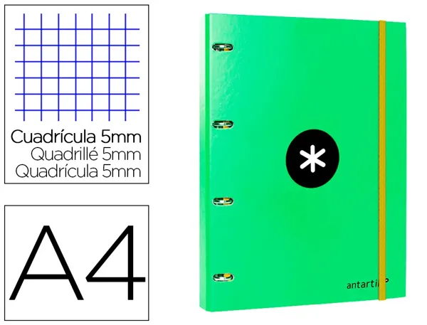 Classeur antartik 4 anneaux ronds 25mm a4 carton rembordé feuillets mobiles quadrillage 5mm coloris vert — Non classé