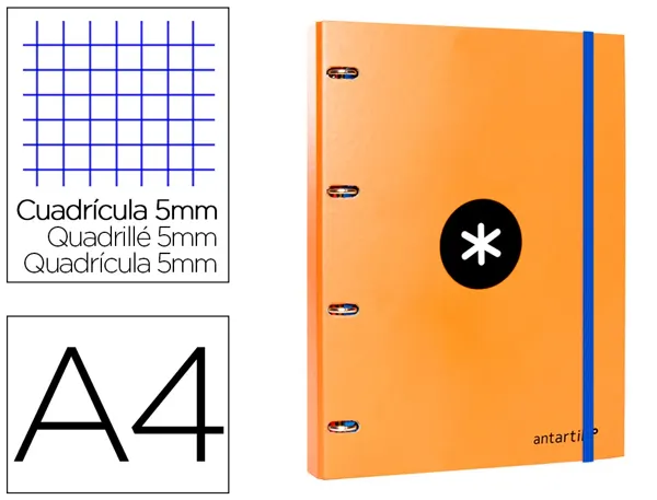 Classeur antartik 4 anneaux ronds 25mm a4 carton rembordé feuillets mobiles quadrillage 5mm coloris orange — Non classé