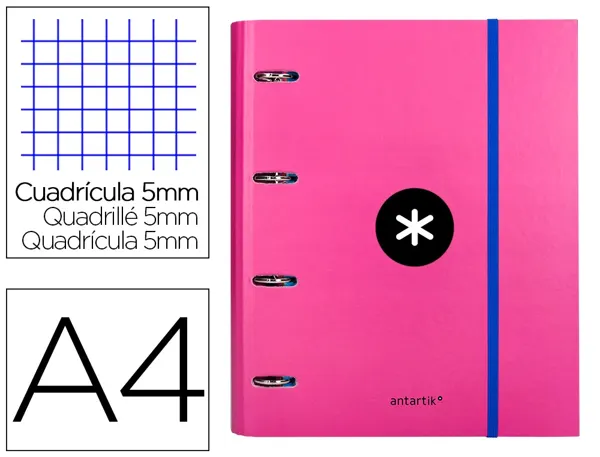 Classeur antartik 4 anneaux ronds 40mm a4 carton remborde feuillets mobiles quadrillage 5mm coloris rose — Non classé