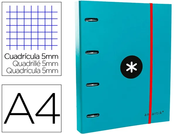 Classeur antartik 4 anneaux ronds 40mm a4 carton remborde feuillets mobiles quadrillage 5mm coloris turquoise — Non classé